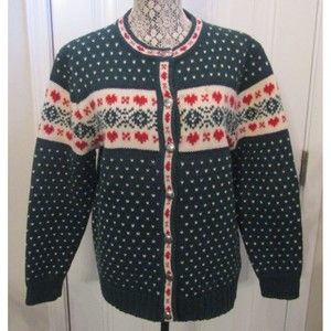 Eddie Bauer Dark Green Fair Isle Wool Cardigan with Cream and Red Accents